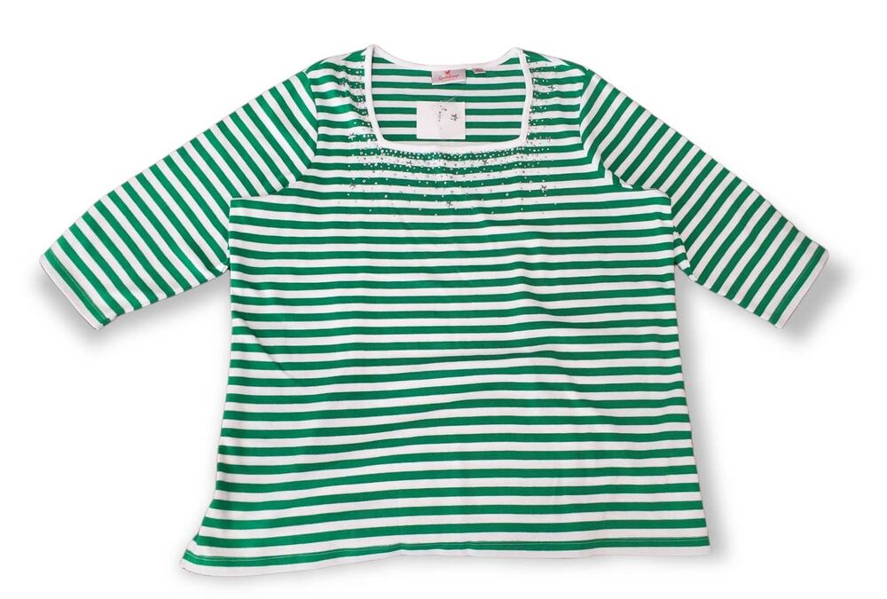 Quacker Factory Green & White Striped Gemmed 3 Quarter Sleeved Shirt - Size 1X